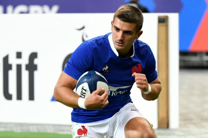 Le joueur du XV de France Thomas Ramos après avoir inscrit un essai lors de la victoire sur l'Italie 47-19 au Stade de France en match de préparation au Mondial le 30 août 2019
