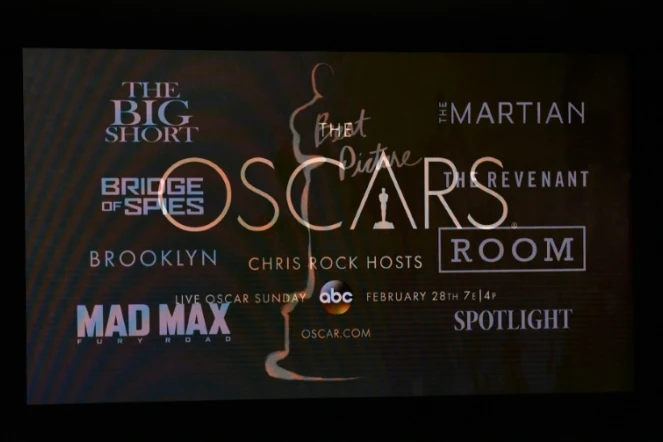 Capture d'écran des principaux films nominés pour le meilleur film, au Samuel Goldwyn Theater, à Beverly Hills, le 14 janvier 2016.