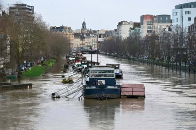 Des péniches amarées sur la rivière de L'Ille à Rennes le 27 janvier 2025 