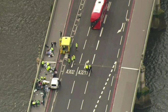 Lieu de l'attentat près du Parlement à Londres, sur une photo extraite le 22 mars 2017 d'une vidéo filmée par un hélicoptère d'ITN