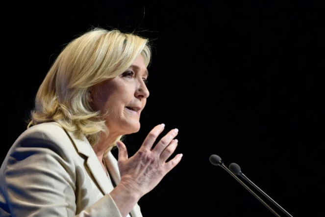 La candidate du Rassemblement national Marine Le Pen lors d'un discours de campagne à Stiring-Wendel (Moselle), le 1er avril 2022