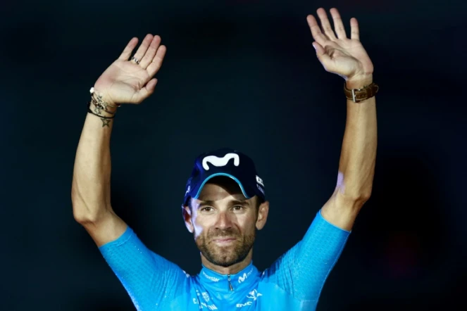 L'Espagnol Alejandro Valverde sur le podium du Tour d'Espagne,le 16 septembre 2018 à Madrid