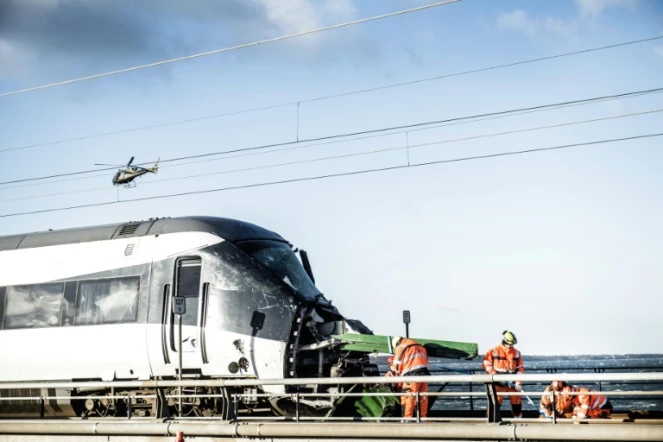 Des secouristes s'affairent sur le site d'un accident de train au Danemark, le 2 janvier 2019