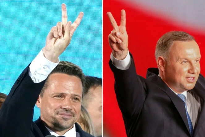 Le président polonais Andrzej Duda à Lowicz,  et son rival libéral Rafal Trzaskowski à Varsovie, le 28 juin 2020