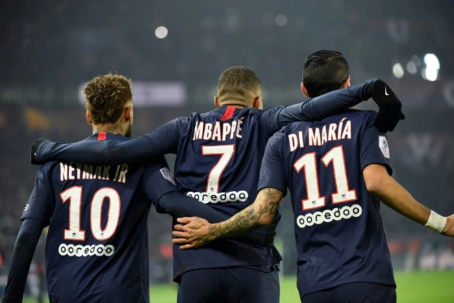 Le trio gagnant du PSG: les buteurs Neymar et Kylian Mbappe, en compagnie de Di Maria, passeur décisif, le 4 décembre 2019, au Parc des Princes à Paris
