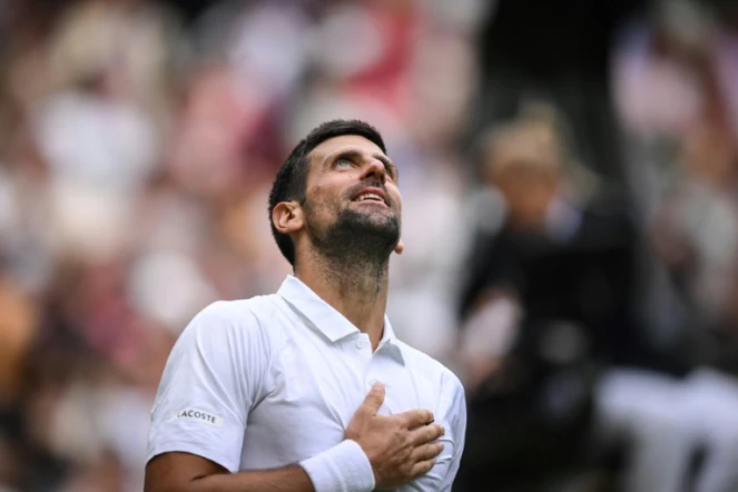 Novak Djokovic lors de sa victoire en quart de finale du tournoi de Wimbledon face au Russe Andrey Rublev le 11 juillet 2023. Le Serbe qui vise un 24e titre en Grand Chelem doit d'abord franchir l'obstacle Jannik Sinner en demi-finale 