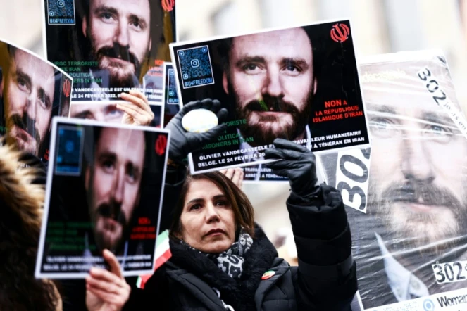 Manifestation pour réclamer la libération de l'humanitaire belge Olivier Vandecasteele écroué en Iran, le 22 janvier 2023 à Bruxelles 