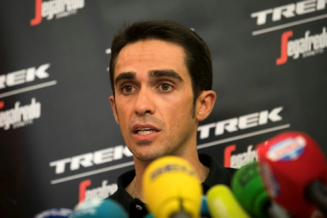 Le coureur espagnol Alberto Contador lors d'une conférence de presse, le 18 août 2017 à Nîmes