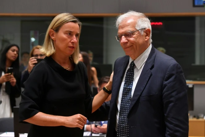 La représentante de l'Union Européenne pour les Affaires Etrangères Federica Mogherini et le ministre espagnol des Affaires Etrangères Josep Borrell à Bruxelles le 15 juillet 2019