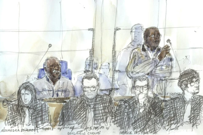 Croquis d'audience montrant les anciens bourgmestres rwandais Tito Barahira et Octavien Ngenzi, le 2 mai 2018, à la cour d'appel de Paris