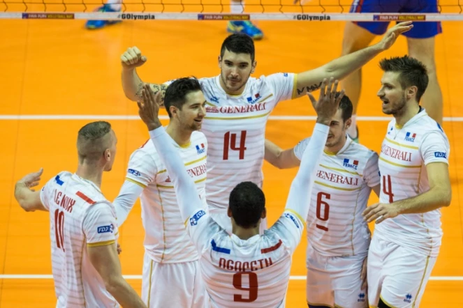 Les Français fêtent un point pendant leur match face à la Russie, le 6 janvier 2016 lors du tournoi de qualification olympique de Berlin