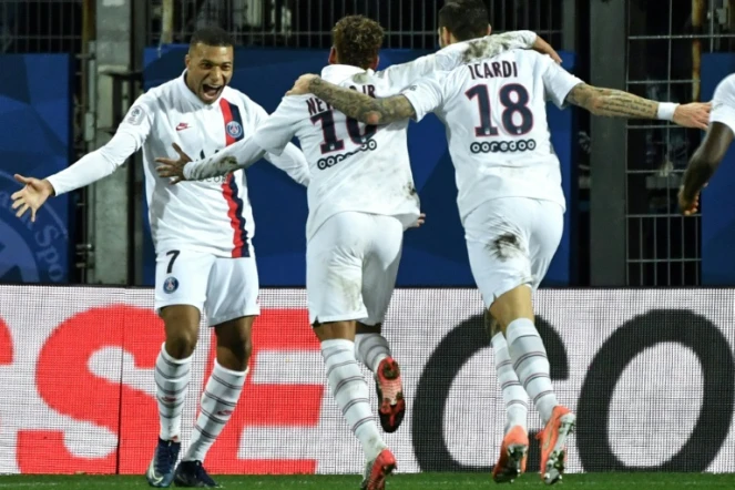 La joie du trio offensif du PSG, Kylian Mbappé, Neymar et Mauro Icardi, tous buteurs à Montpellier, le 7 décembre 2019
