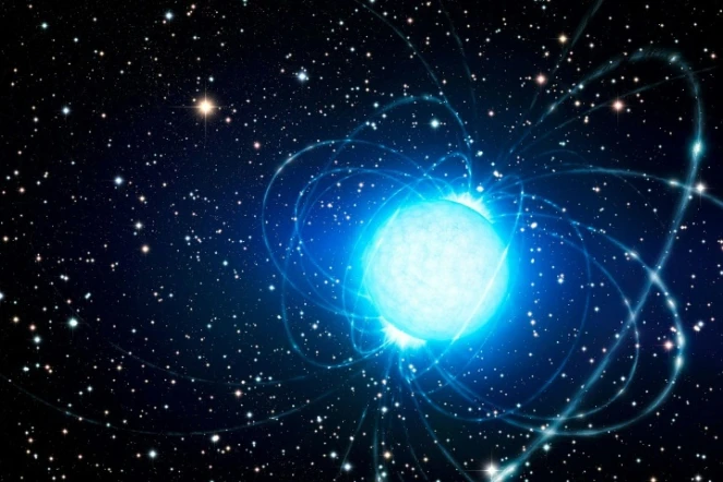 Vue d'artiste, diffusée le 13 mai 2014 par l'Observatoire européen austral, d'un magnetar dans l'amas d'étoiles Westerlund 1, situé dans un bras de notre galaxie