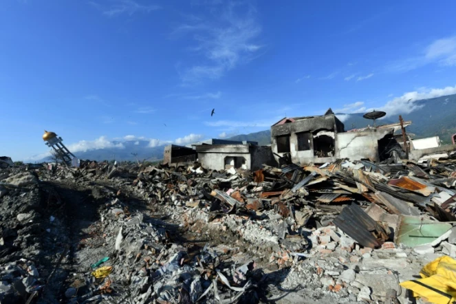 Les restes d'une mosquée de la région de Palu en Indonésie, qui a été dévastée par le séisme du 28 septembre, ici le 08 octobre 2018 dans la région de Balaroa