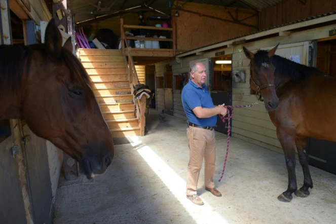 Roland Phillips, ancien officier de Scotland Yard dans sa maison de retraite pour chevaux de la police montée, la "Brantôme Police Horses", à Brantome, le 17 août 2017