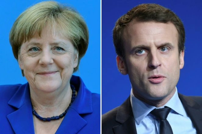 Un photomontage fait le 10 mars 2018 de portrait de ma chancelière Angela Merkel et du président français Emmanuel Macron