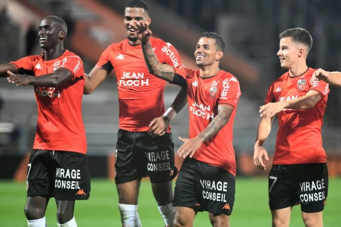 La joie des Lorientais, après leur victoire à domicile face à Lille (2-1) lors de la 5e journée de Ligue 1, le 10 septembre 2021 au Stade du Moustoir 