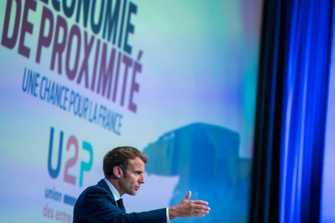 Emmanuel Macron devant les membres de l'U2P, à Paris le 16 septembre 2021