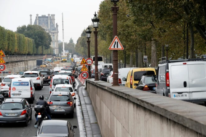 Embouteillages sur le Quai des Tuileries à Paris le 13 octobre 2016 