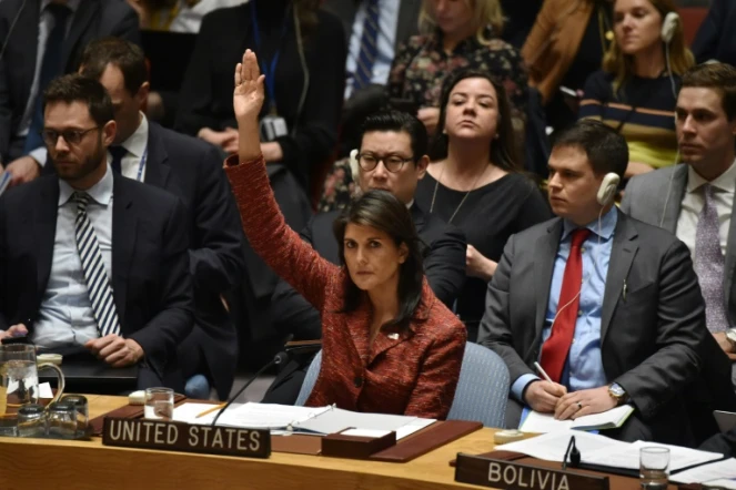 L'ambassadrice américaine à l'ONU Nikki Haley (C) se prononce pour une enquête sur l'utilisation d'armes chimiques en Syrie, au siège de l'ONU à New York le 10 avril 2018