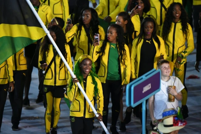 Shelly-Ann Fraser-Pryce, porte drapeau de la délégation jamaïcaine lors de la cérémonie d'ouverture des JO de Rio, le 5 août 2016