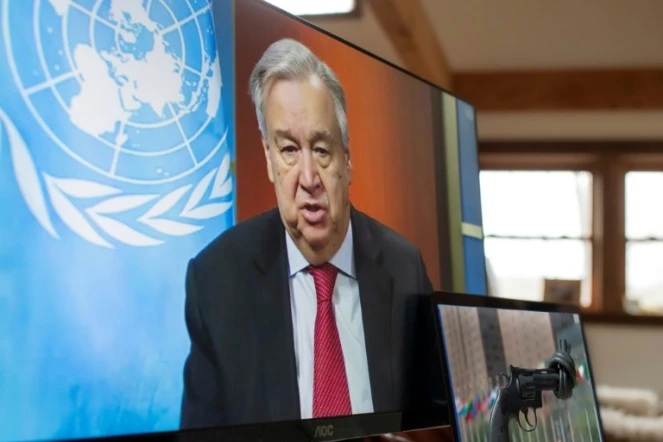 Photo du secrétaire général des Nations Unies, Antonio Guterres, lors d'une conférence de presse par vidéo le 3 avril 2020.