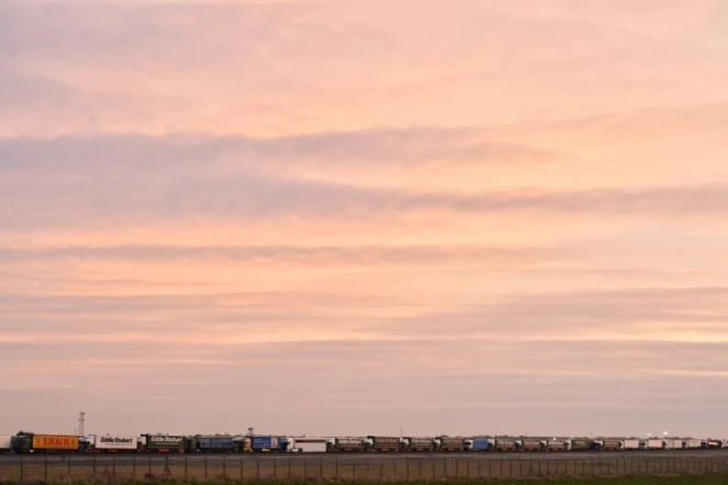Des camions sont garés sur l'aéroport désaffecté de Manston près de Ramsgate dans le sud-est de l'Angleterre pour un exercice avant le Brexit afin d'évaluer comment éviter des embouteillages potentiels, le 7 janvier 2019