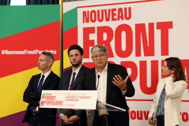 Les représentants du Nouveau Front populaire, de gauche à droite Ian Brossat (PCF), Alexandre Ouizille (PS), Eric Coquerel (LFI) et Eva Sas (EELV), le 21 juin 2024 à Paris