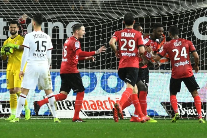 Guingamp vainqueur de Rennes dans le derby breton avec notamment un but de Félix Eboa Eboa (N.2)auy stade du Roudourou, le 16 janvier 2019