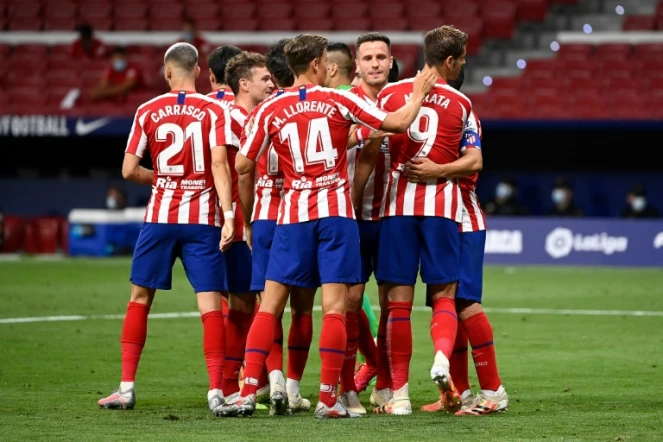 Les joueurs de l'Atlético Madrid célèbrent un but en Liga, le 3 juillet 2020 dans leur stade du Wanda Metropolitano