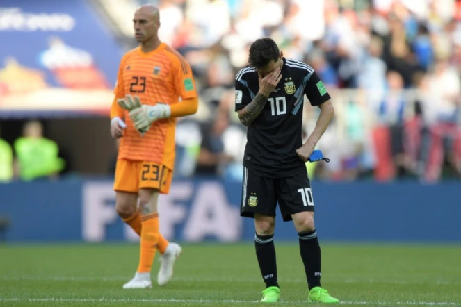 L'attaquant vedette de l'Argentine Lionel Messi après avoir manqué un penalty contre l'Islande lors du Mondial, le 16 juin 2018 à Moscou