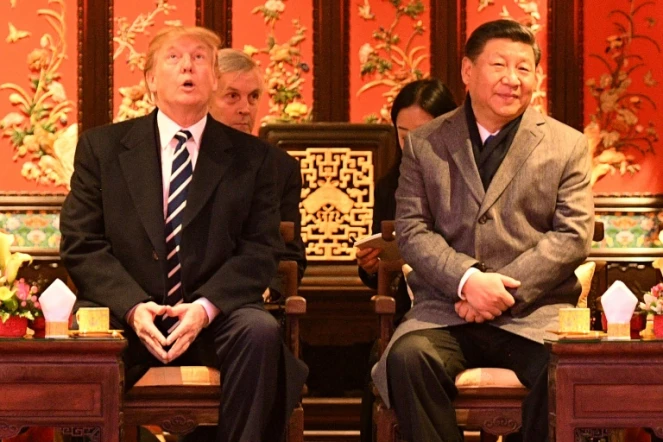 Les présidents américain Donald Trump (g) et chinois Xi Jinping lors d'une visite de la Cité Interdite, le 8 novembre 2017 à Pékin