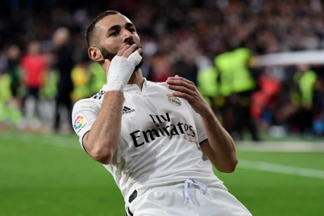 L'attaquant du Real Madrid Karim Benzema buteur lors de la victoire du Real Madrid 3-2 sur Huesca en 29e journée du championnat d'Espagne le 31 mars 2019