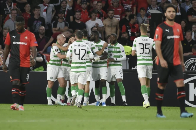 Les joueurs du Celtic se congratulent après leur égalisation sur penalty face à Rennes, en Ligue Europa, le 19 septembre 2019 au Roazhon Park