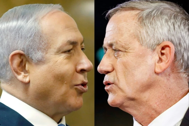 Photomontage créé le 1er mars 2020 à partir d'images d'archives montrant le Premier ministre israélien Benjamin Netanyahu (G) à Jérusalem le 9 décembre 2018 et le chef du parti "Bleu-Blanc" Benny Gantz (D) à Tel Aviv le 1er avril 2019