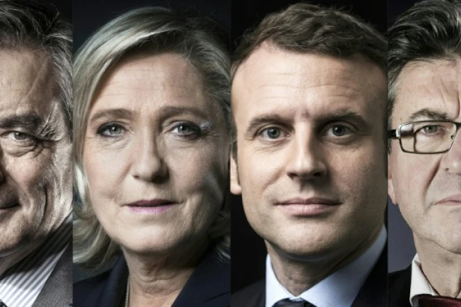 Montage créé le 14 avril 2017 des quatre principaux candidats à l'électin présidentielle: François Fillon, Marine Le Pen, Emmanuel Macron et Jean-Luc Melenchon