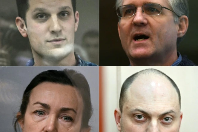 Le journaliste américain Evan Gershkovich (en haut à g), l'ex-Marine américain Paul Whelan (en haut à d), la journaliste russo-américaine Alsu Kurmasheva (en bas à g), l'opposant russe Vladimir Kara-Mourza