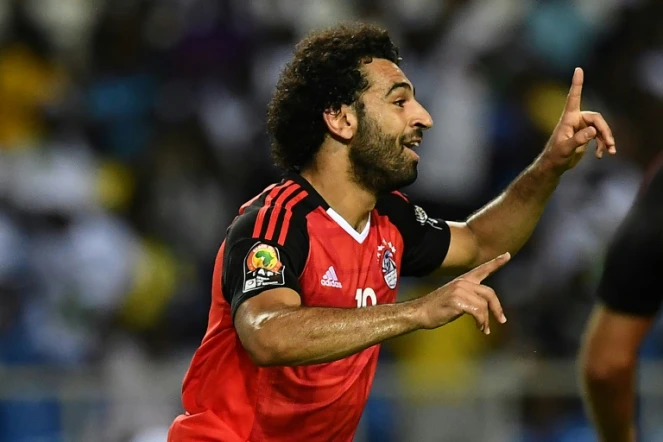 L'attaquant de l'Egypte Mohamed Salah savoure son but face au Burkina Faso en demi-finales de la CAN, le 1er février 2017 à Libreville 