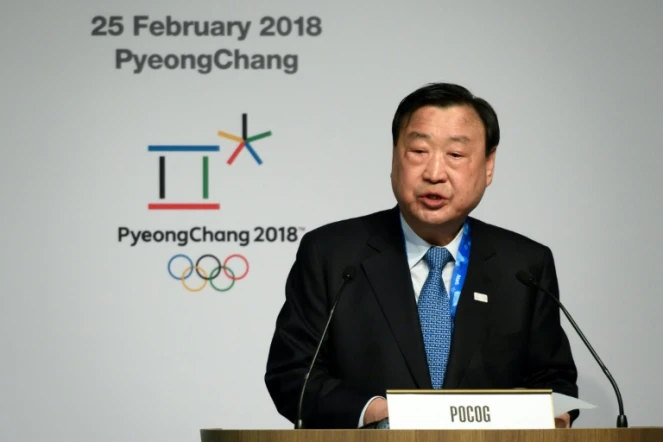 Lee Hee-beom, le président du Comité d'organisation des Jeux de Pyeongchang, donne une conférence au dernier jour de compétition, le 25 février 2018