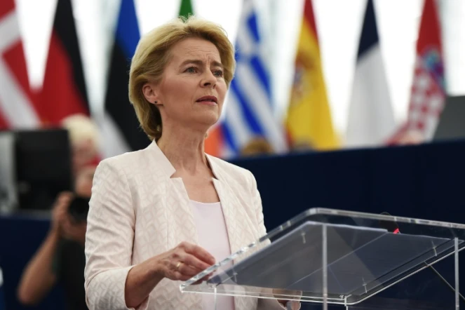 L'Allemande Ursula von der Leyen, candidate à la présidence de la Commission européenne, s'adresse au Parlement européen, le 16 juillet 2019 à Strasbourg dans l'est de la France 