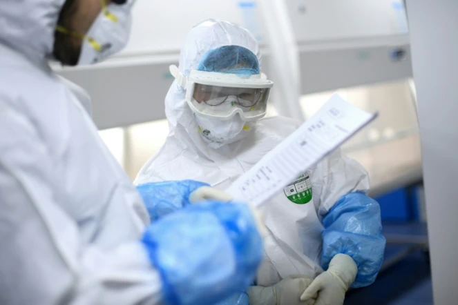 Un technicien examine des échantillons testés à Wuhan 