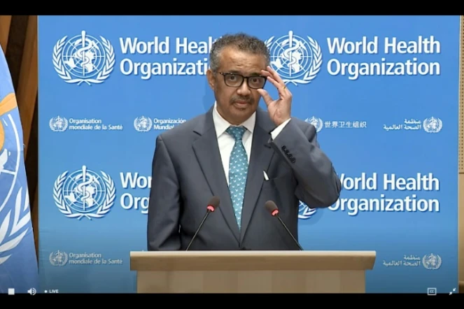 Le directeur général de l'OMS Tedros Adhanom Ghebreyesus en visioconférence, le 18 mai 2020 Genève, à l'ouverture virtuelle de l'Assemblée mondiale de la santé