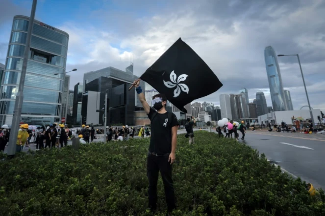 Un manifestant agite un drapeau hongkongais noir au lieu du rouge officiel, le 1er juillet 2019