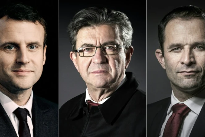 Combinaison réalisée le 16 février 2017 des portraits d'Emmanuel Macron, Jean-Luc Melenchon et de Benoit Hamon
