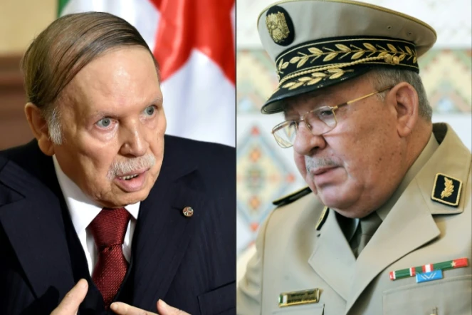 Un photomontage créé le 26 mars 2019 montre le président algérien Abdelaziz Bouteflika (G) lors d'une visite le 1er avril 2016 près d'Alger, et le chef d'état-major de l'armée Ahmed Gaïd Salah à l'aéroport international d'Alger le 20 mars 2014