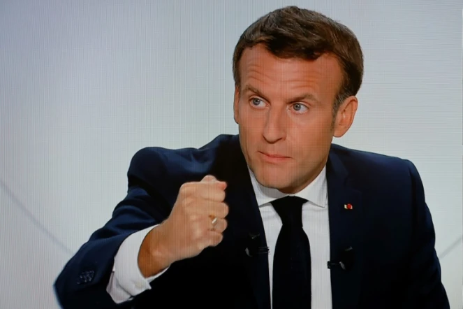 Le président français Emmanuel Macron lors d'une interview télévisée sur la situation liée au coronavirus en France, le 14 octobre 2020 à l'Elysée, à Paris