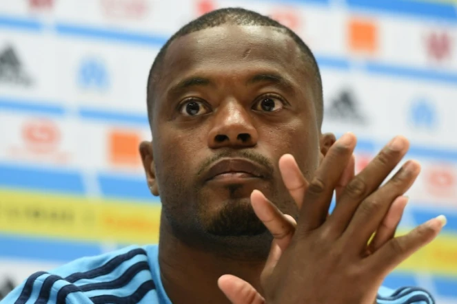 Le défenseur de l'OM Patrice Evra en conférence de presse au Vélodrome, le 23 août 2017 




