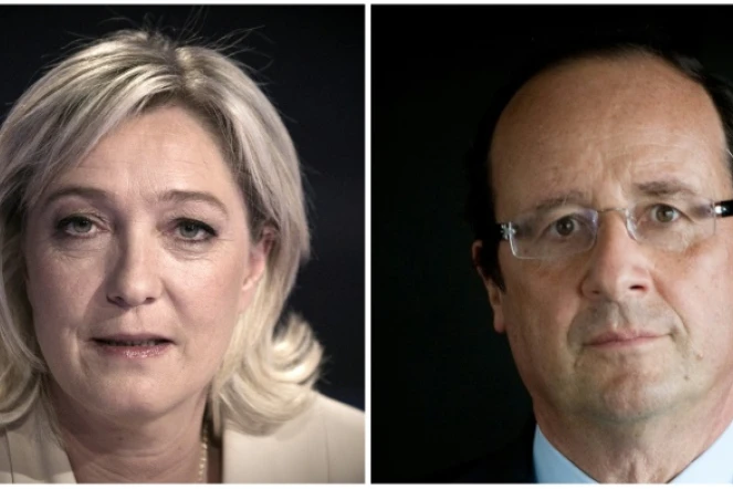 Montage fait le 12 avril 2012 de portraits de la présidente du Front National 
Marine Le Pen et du président François Hollande 