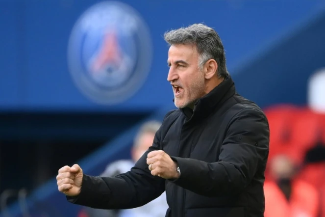L'entraîneur de Lille Christophe Galtier exulte après le succès contre le PSG, le 3 avril 2021 au Parc des Princes