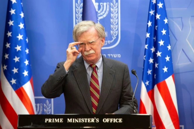 Photo de John Bolton, conseiller à la sécurité nationale du président américain, lors d'une conférence de presse le 22 août 2018 à Jérusalem